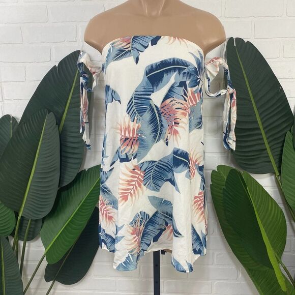 TOBI off the shoulder tropical leaf print tie sleeve tunic top - Picture 1 of 8